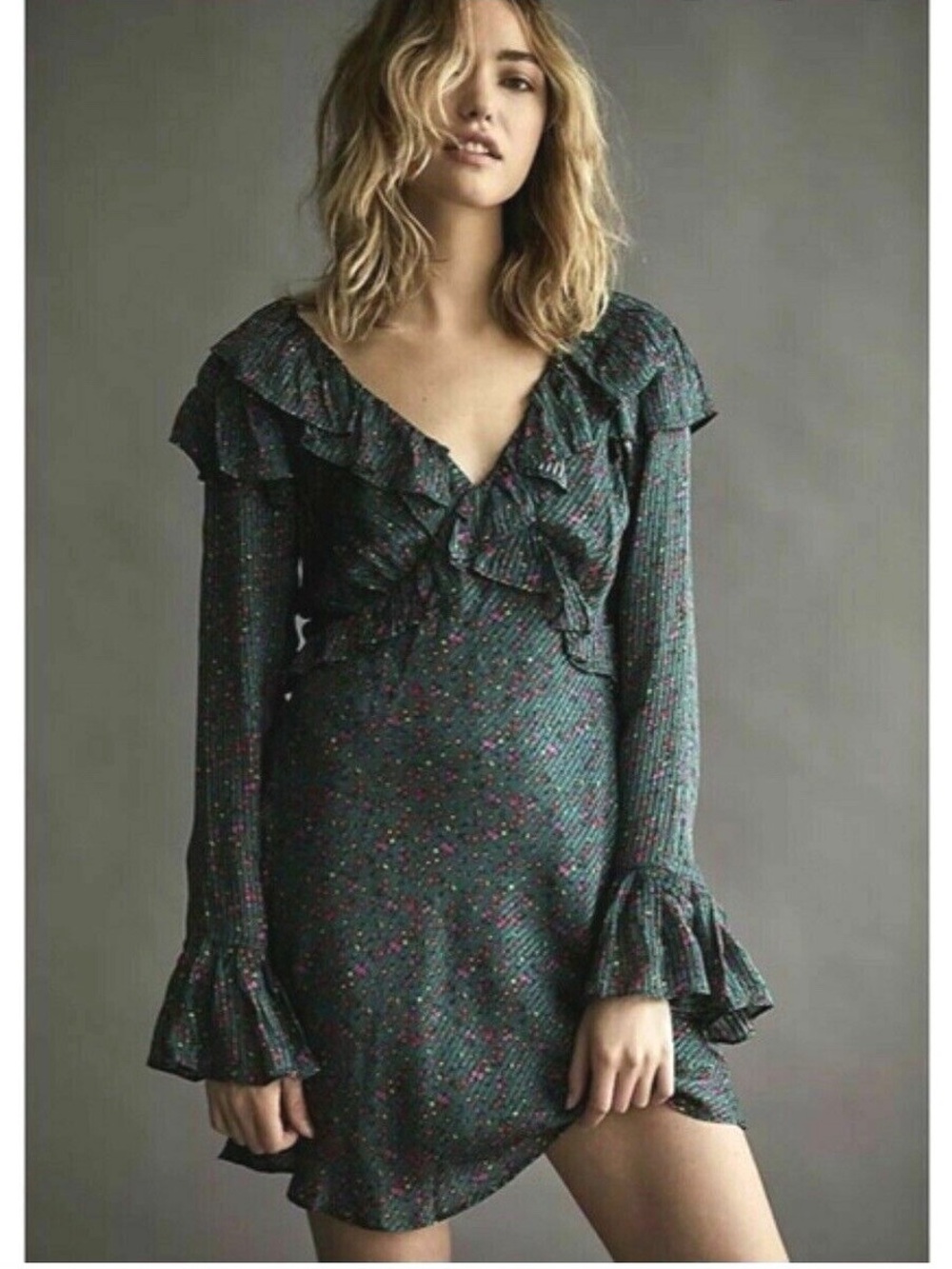 FREE PEOPLE SWEETEST THING RUFFLE GREEN FLORAL MINI DRESS size 0